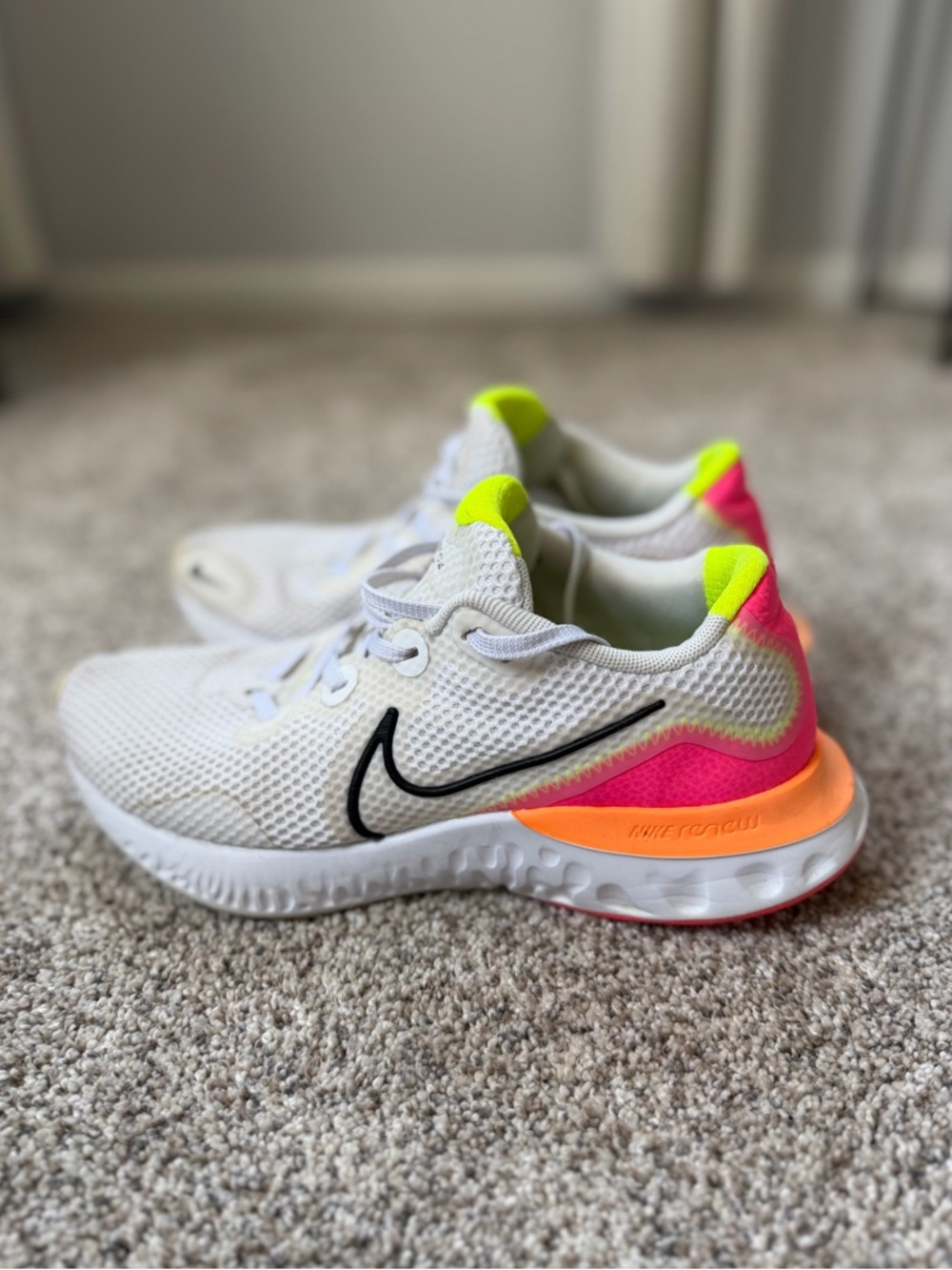 Nike White Mesh Sneakers with Neon Pink & Neon Yellow Accents